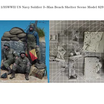 1/35WWII Модель сцены из пляжного укрытия для солдат ВМС США из 3 человек 829 Модель солдата из неокрашенной смолы