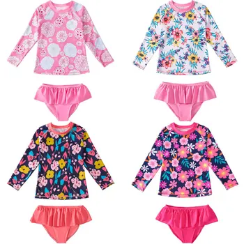2 предмета, купальные костюмы для маленьких девочек с длинными рукавами, детские купальники со спортивным принтом, Пляжные детские купальники, летняя одежда для малышей
