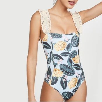 2022 Модный кружевной бикини на бретельках с принтом One Body Sling Сексуальная пляжная одежда с квадратным вырезом и открытой спиной в стиле Ретро Шикарный женский купальник
