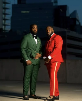 2022 Новейший дизайн Зелено-красных мужских костюмов Slim Fit, 2 предмета, официальный свадебный наряд жениха и брата в стиле пэчворк, Поясной ремень, блейзер, брюки
