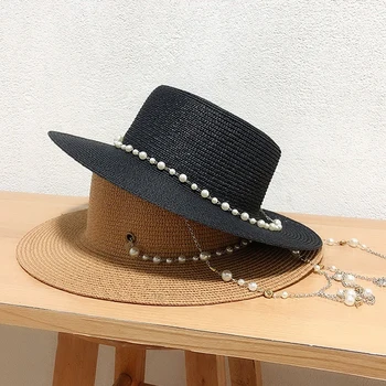 2023 Дизайнерское ожерелье-цепочка, Солнцезащитные шляпы С жемчугом Для Женщин, Летние Складные Пляжные Шляпы, Женская Модная Соломенная Шляпа для вечеринок Оптом