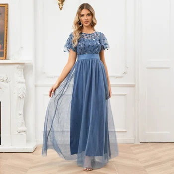2023 Женское синее платье трапециевидной формы с блестками, Сетчатое платье Макси с листьями, блестящее вечернее платье с V-образным вырезом и коротким рукавом, длинное платье