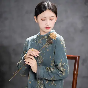 2023 зимнее китайское традиционное женское элегантное платье ципао, винтажная цветочная одежда, восточная традиционная одежда cheongsam a801