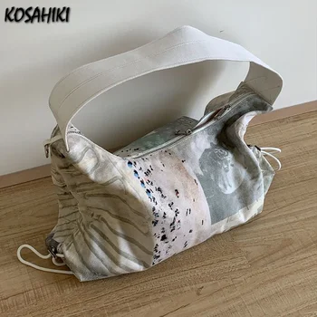 2023 Модные сумки через плечо большой емкости, Корейская винтажная сумка-тоут с индивидуальным принтом Y2k, эстетические сумки через плечо в стиле харадзюку, женские сумки