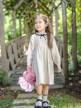 2023 Новые весенние детские платья с длинным рукавом, однотонная милая детская одежда