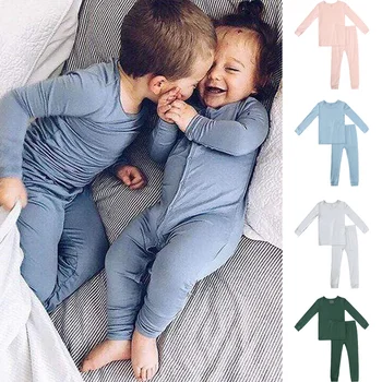 2023 Новые поступления, комплекты пижам из бамбукового волокна для малышей, костюм для девочек, однотонный топ с длинными рукавами + брюки, пижамы для мальчиков