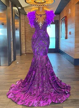 2023 Фиолетовые платья для выпускного вечера в стиле русалки, черное вечернее платье с блестками и перьями для девочек, Африканская одежда для дня рождения