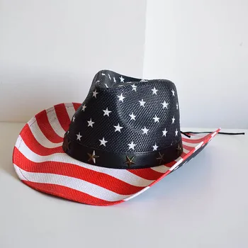 202303-2F040A ins летняя американская Пятиконечная Звезда в полоску в западном ковбойском стиле, фетровые шляпы из бумажной травы, мужская женская панама, джазовая шляпа