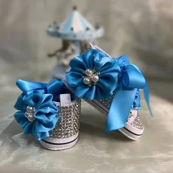 3 комплекта элегантных синих модельных туфель, повязка на голову, детские парусиновые повседневные туфли на плоской подошве с низким верхом, Детские кроссовки для девочек со стразами