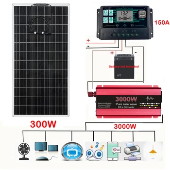 300 Вт Солнечная панель от 12 В до 110 В /220 В 3000 Вт инвертор с чистой синусоидальной волной, комплект солнечной энергосистемы, зарядное устройство для полного производства электроэнергии