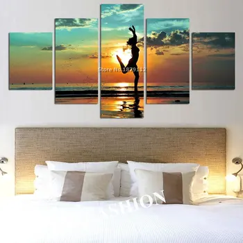 5 Панелей Настенного искусства Пляжная Йога Пейзаж с видом на море, картины на холсте, абстрактные картины, Муляж, произведение искусства Без рамок