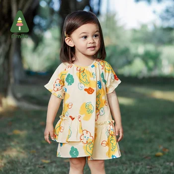 Amila Baby Girl Dress 2023 Новые Летние Платья с полным принтом из 100% хлопка с коротким рукавом, Детская одежда, Дышащий Тонкий Костюм