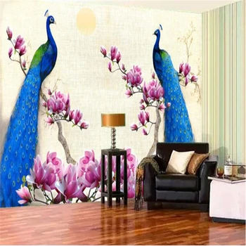 beibehang Пользовательские обои мода высокого класса атмосфера синий павлин живопись богатая фреска диван фон обои papel de pared