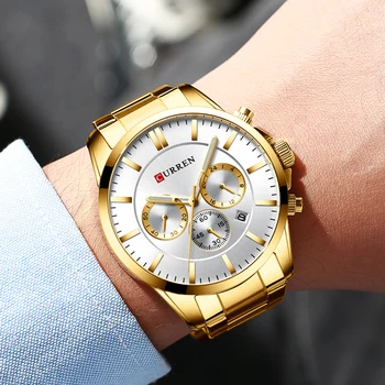 Curren Мужские Золотые Часы Элитный Бренд Бизнес Хронограф Золотые Мужские Часы 2021 Часы Из Нержавеющей Стали Relogio Masculino