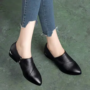FHANCHU/ Новинка 2022, женские весенние туфли на низком каблуке с мягкой подошвой, Молния сбоку, Модный блочный каблук, Острый носок, Черный, Прямая поставка