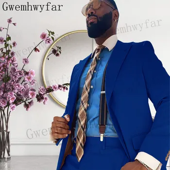 Gwenhwyfar 2022 Однобортные Синие Мужские Костюмы Terno Slim Fit Fashion Party Свадебный Смокинг Для Мужчин Официальные Костюмы Жениха С Брюками