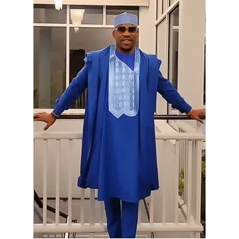 H & D Африканская Одежда для Мужчин Традиционная Одежда для Свадебной вечеринки Халат С Вышивкой Синяя Рубашка Брюки Комплект из 3 предметов Дашики Нигерия Агбада