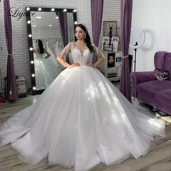 Liyuke Real Pictures Глубокий вырез бального свадебного платья с потрясающим тюлем свадебного платья с длинными рукавами