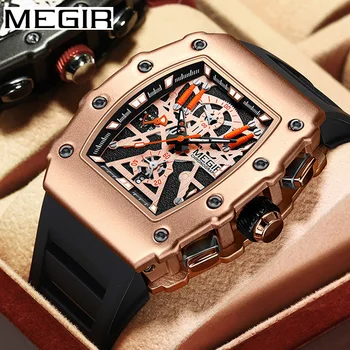 MEGIR Sport Silicone Strap Quartz Watch Men Fashion Luminous Tonneau Dial Chronograph Date Wristwatch Мужские кварцевые часы