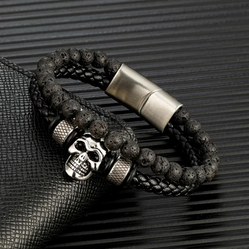 MKENDN Кожаный браслет в стиле панк-ретро, мужской Классический модный многослойный кожаный браслет с черепом из лавы, расшитый бисером, для мужских ювелирных изделий