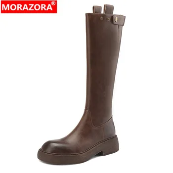 MORAZORA / 2023 Новые женские туфли на платформе на толстом среднем каблуке из натуральной кожи, зимние женские сапоги до колена на молнии