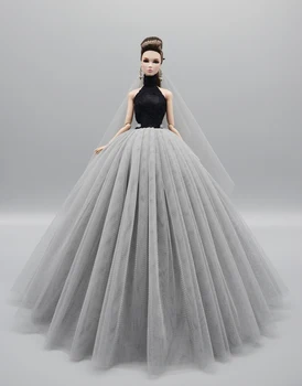 NK 1 комплект Вечернее платье принцессы, Длинное платье с высоким воротом, Модное Свадебное платье + Фата для куклы Барби, аксессуары для одежды