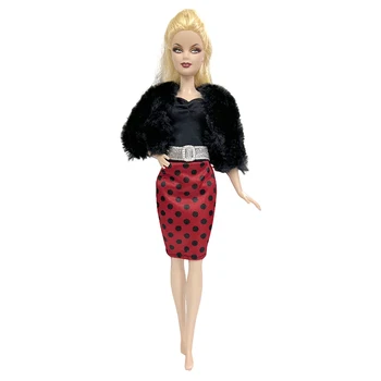NK 1 комплект модной кукольной одежды 1/6 Черный топ, шуба, Красное современное платье-юбка, праздничная одежда для куклы Барби, Аксессуары и игрушки