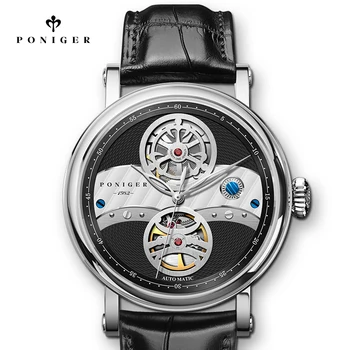 PONIGER Fashion Skeleton Автоматические механические часы Ремешок из натуральной кожи Мужские наручные часы Сапфировое стекло Водонепроницаемые мужские часы 50 м