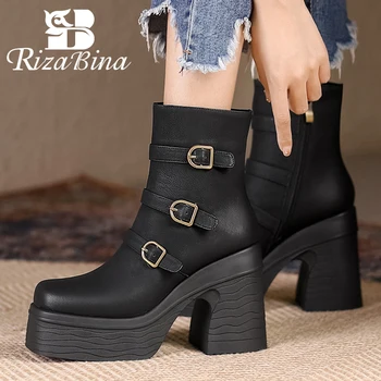 RIZABINA/ женские ботильоны из натуральной кожи на высоком каблуке, зимние женские мотыги, модные женские короткие ботинки на платформе, Размер 34-40