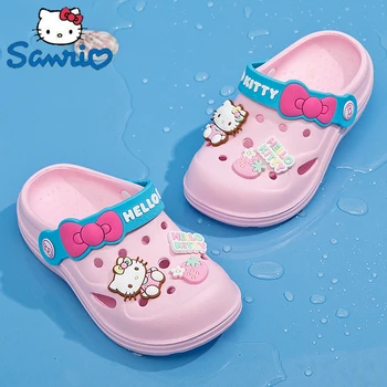 Sanrio Hello Kitty Детские тапочки Женские летние Домашние уличные нескользящие туфли с отверстиями в стиле Каваи Для купания Милые детские мультяшные сандалии