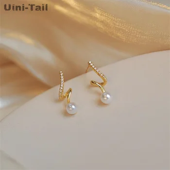 Uini-Tail, хит продаж, новые серьги из тибетского серебра 925 пробы с микро-вделанным жемчугом, простой модный тренд, романтические украшения для девочек