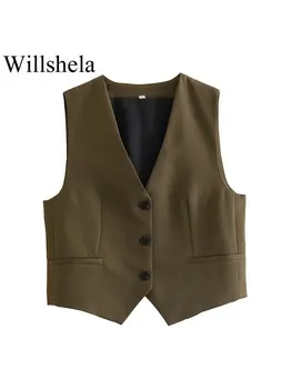 Willshela Женская модная коричневая однобортная куртка без рукавов, Винтажный жилет с V-образным вырезом, женские офисные жилеты для леди