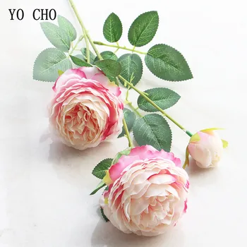 YO CHO 3 головки, Желто-белые Пионы, Искусственные цветы, Шелковые цветы, Розы, Искусственный цветок, Свадебный декор для дома, Искусственные пионы