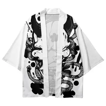 Белое японское кимоно с принтом демона Праджни из мультфильма, пляжные шорты для мужчин и женщин, свободный кардиган, одежда Юката, Harajuku Haori