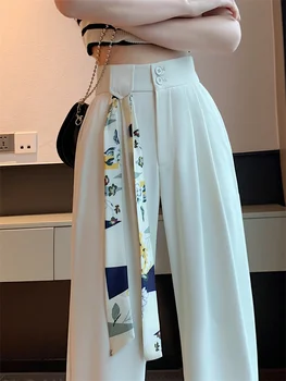 Белые женские брюки с высокой талией, весна 2023, новые корейские модные широкие брюки на пуговицах, офисные женские повседневные брюки