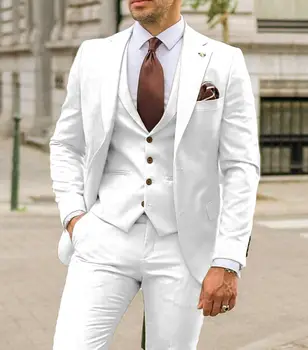Белые мужские костюмы с вырезами на лацканах, Приталенный деловой формальный комплект из 3 предметов Для мужского ужина, смокинги для жениха, выпускного вечера, Свадебная одежда для гостей