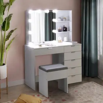 Белый туалетный столик для спальни со светодиодным зеркалом, стол для макияжа с местом для хранения, туалетный столик для мебели для спальни в помещении