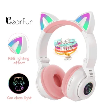 Беспроводные наушники Cute Cat С микрофоном, гарнитуры Bluetooth для геймеров со светодиодной подсветкой для розовых девочек, Детская игровая музыка, Детские наушники в подарок