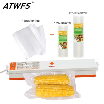 Вакуумный Упаковщик Пищевых продуктов ATWFS 1 комплект Упаковочной Машины с Вакуумными Пакетами 17*500 см + 25* 500 см в рулонах и Пакетами по 15 шт.