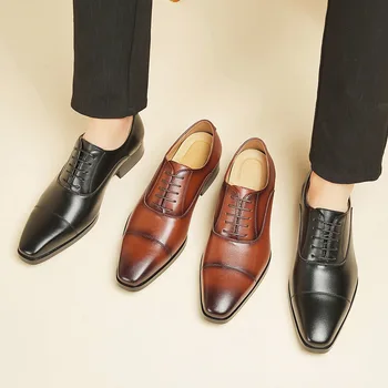 Винтажное модное мужское деловое платье, Кожаная обувь на шнуровке, мужские офисные туфли-дерби, Черные коричневые мужские туфли на плоской подошве