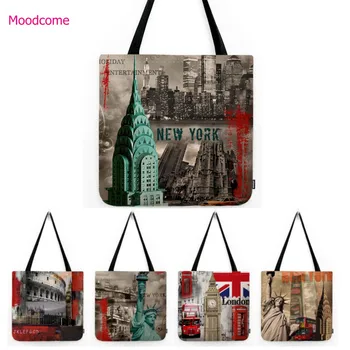 Винтажный плакат в стиле Нью-Йорка, Лондона, Парижа, журнал о пейзаже, газета, художественная сумка для покупок через плечо, водонепроницаемая льняная сумка-тоут