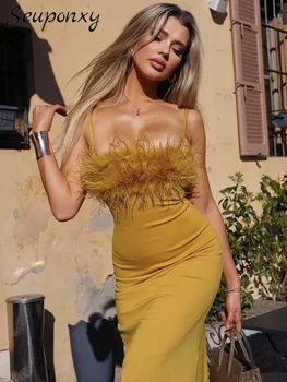 Высококачественный Сексуальный ремешок для часов-спагетти, Длинное платье с перьями, женское Элегантное вечернее платье знаменитости 2023 года, Vestido