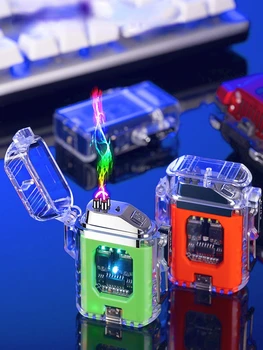 Высокотехнологичная прозрачная ветрозащитная зажигалка с красочным освещением, USB-аккумуляторная двухдуговая зажигалка для сигарет, аксессуары для курения, подарок