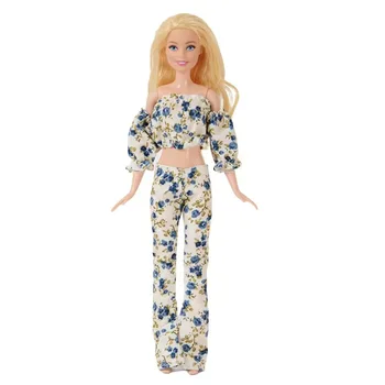 Голубая кукольная одежда с цветочным рисунком 1/6 BJD для кукол, одежда для Барби, аксессуары для Барби, топ, брюки, 11,5 