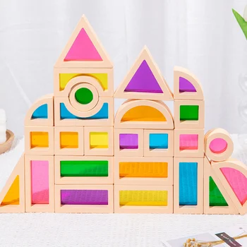 Деревянные радужные штабелирующие блоки, креативные красочные обучающие конструкции, Светопропускающие Строительные Игрушки для детей