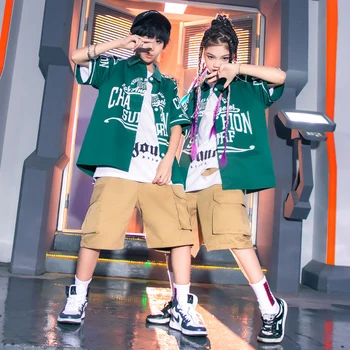 Детская концертная одежда, одежда в стиле хип-хоп, зеленая рубашка с принтом, уличные шорты-карго цвета хаки для девочек, одежда для джазовых танцев для мальчиков