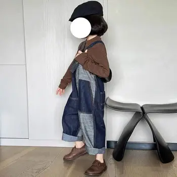 Детская одежда, детские брюки, джинсовые брюки на подтяжках в стиле пэчворк Для мальчиков и девочек, широкие повседневные детские брюки в корейском стиле