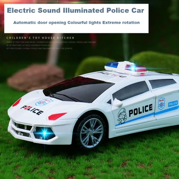 Детская электрическая полицейская машинка, игрушечная светомузыкальная машинка, забавный автомобиль с автоматической открывающейся дверью, вращающийся на 360 градусов, игрушки для мальчиков, подарок на День рождения