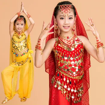 Детский индийский костюм для Танца живота, комплект из 5 предметов (Топ, Пояс, Брюки, Головной убор и ожерелье), Болливудские Танцевальные костюмы для девочек