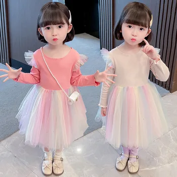 Детское платье из тюля в стиле пэчворк с длинными рукавами для маленьких девочек, детская весенняя радужная одежда, повседневная одежда принцессы